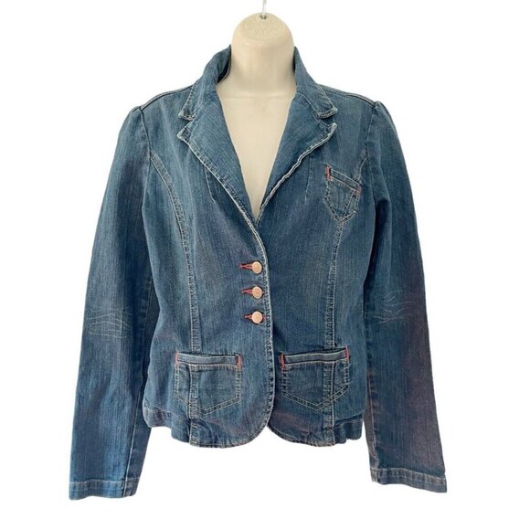 Vintage Calvin Klein Jeans Woman's Sz M Cropped Blazer Embroidered Denim Jacket - Picture 1 of 11